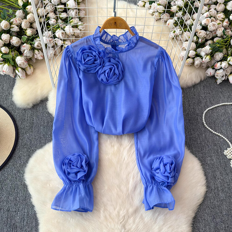 EWQ Simplicity 3D Virággal összefűzött blúz nőknek Alkalmi állógallér Laza szabású egyszínű felsők Ruházat 2024 Új 27X474