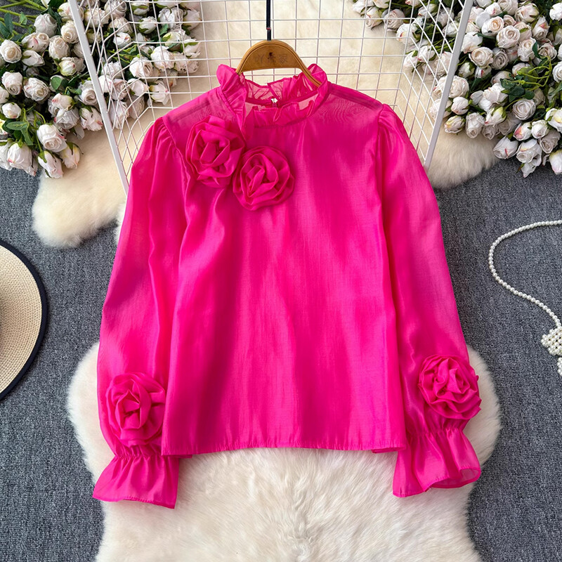 EWQ Simplicity 3D Virággal összefűzött blúz nőknek Alkalmi állógallér Laza szabású egyszínű felsők Ruházat 2024 Új 27X474