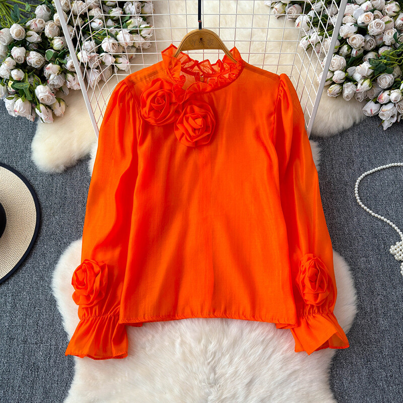 EWQ Simplicity 3D Virággal összefűzött blúz nőknek Alkalmi állógallér Laza szabású egyszínű felsők Ruházat 2024 Új 27X474