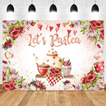 Θέμα Tea Party Let\'s Partea Pink Flower Princess In Wonderland 1st Birthday Party Photogtaphy Background Baby Shower Photo Prop