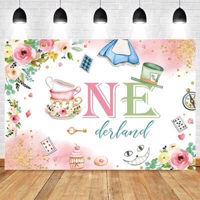 Tea Party téma, bulizzunk Rózsaszín virágos hercegnő Csodaországban 1. Születésnapi Party Photogtaphy Background Baby Shower fotó kellék