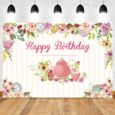 Tea Party téma, bulizzunk Rózsaszín virágos hercegnő Csodaországban 1. Születésnapi Party Photogtaphy Background Baby Shower fotó kellék