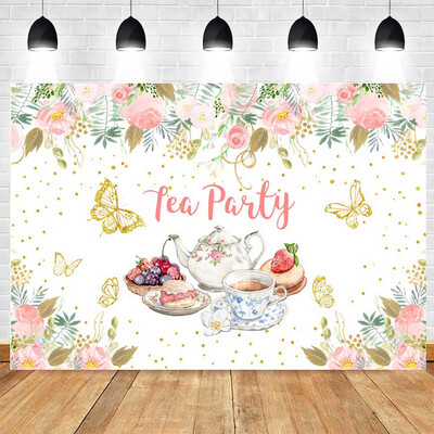 Tea Party téma, bulizzunk Rózsaszín virágos hercegnő Csodaországban 1. Születésnapi Party Photogtaphy Background Baby Shower fotó kellék