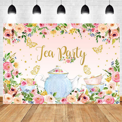 Tea Party téma, bulizzunk Rózsaszín virágos hercegnő Csodaországban 1. Születésnapi Party Photogtaphy Background Baby Shower fotó kellék