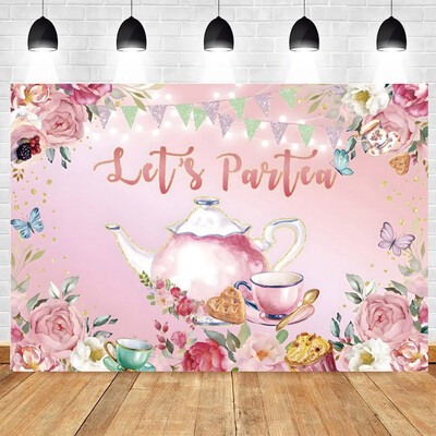 Tea Party téma, bulizzunk Rózsaszín virágos hercegnő Csodaországban 1. Születésnapi Party Photogtaphy Background Baby Shower fotó kellék