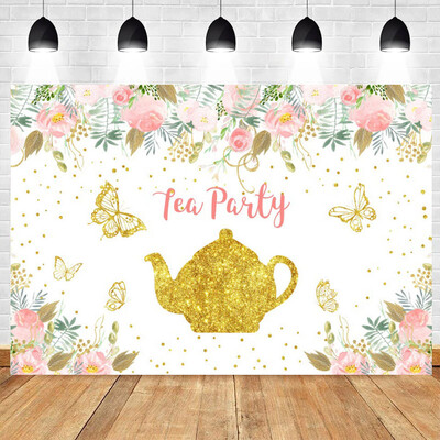 Tea Party téma, bulizzunk Rózsaszín virágos hercegnő Csodaországban 1. Születésnapi Party Photogtaphy Background Baby Shower fotó kellék