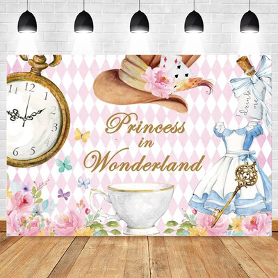 Tea Party téma, bulizzunk Rózsaszín virágos hercegnő Csodaországban 1. Születésnapi Party Photogtaphy Background Baby Shower fotó kellék