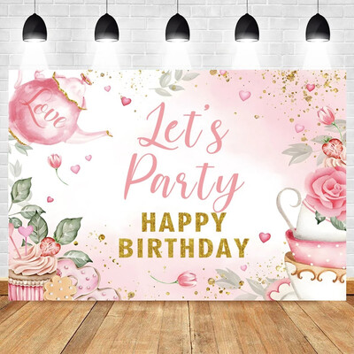 Tea Party téma, bulizzunk Rózsaszín virágos hercegnő Csodaországban 1. Születésnapi Party Photogtaphy Background Baby Shower fotó kellék