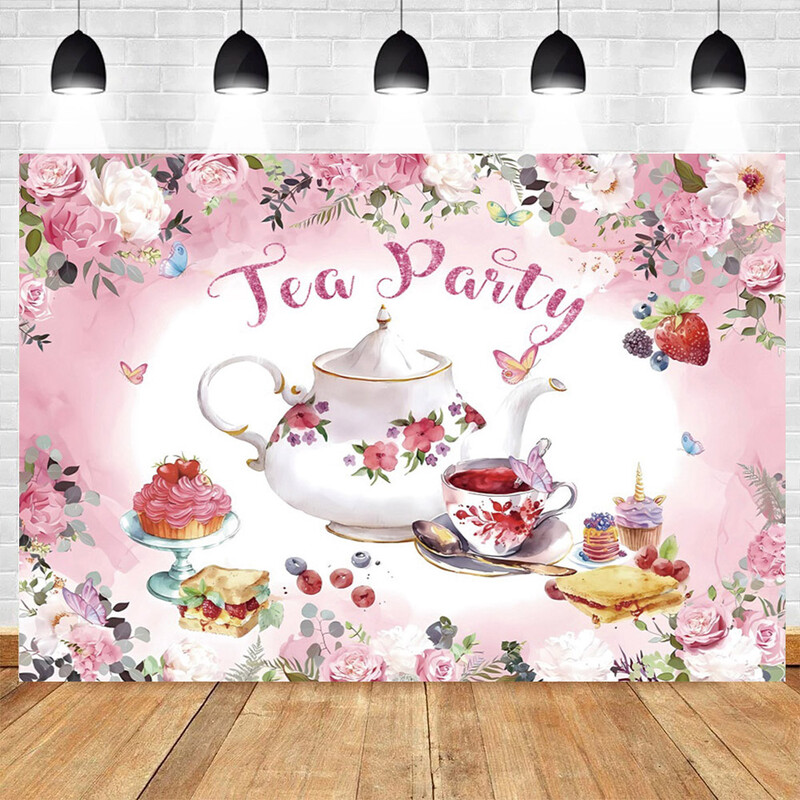 Tea Party téma, bulizzunk Rózsaszín virágos hercegnő Csodaországban 1. Születésnapi Party Photogtaphy Background Baby Shower fotó kellék