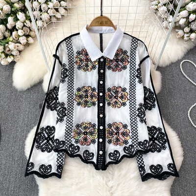 Vintage divat női blúz akciók flitteres hímzés Lehúzott gallér hajtóka egyszemélyes ingek Őszi alkalmi női felsők Dropship