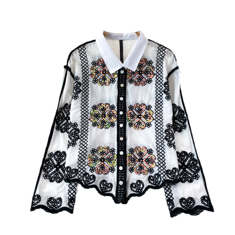 Vintage divat női blúz akciók flitteres hímzés Lehúzott gallér hajtóka egyszemélyes ingek Őszi alkalmi női felsők Dropship