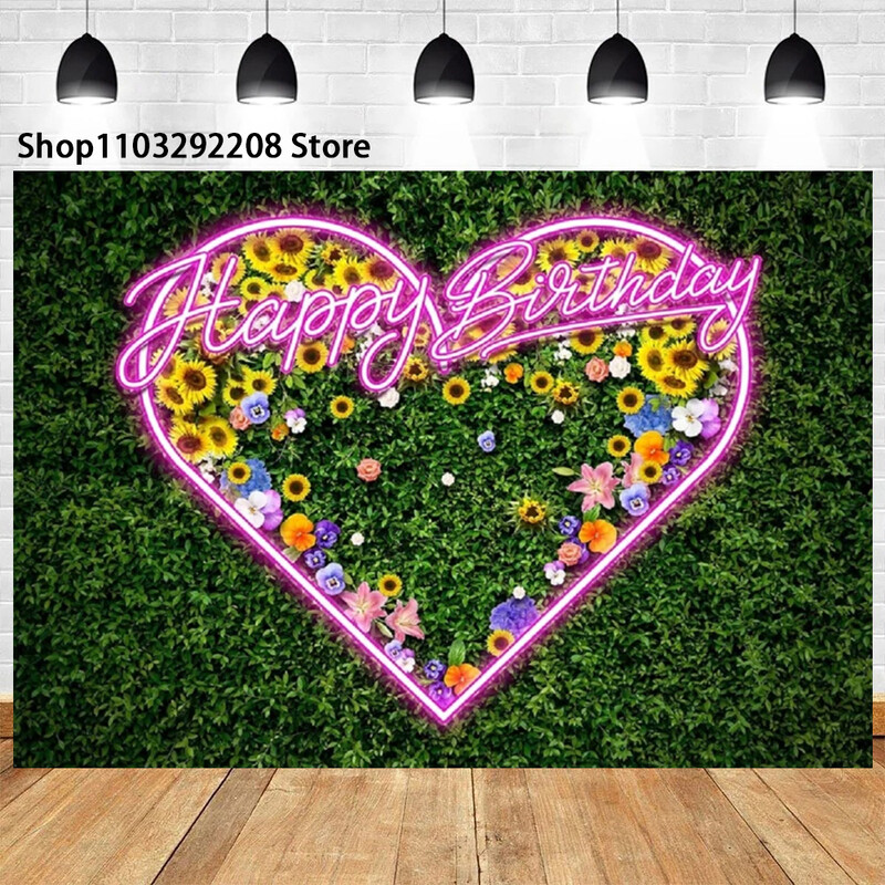 Neona ziedu rozā sirds tēmas zāle Daudz laimes dzimšanas dienā kūka Neona mirdzums tumsā ballītes fotogrāfija Meitenes fona sienas piederumi