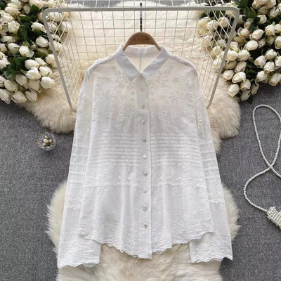 Μπλούζες με ακανόνιστο κέντημα με κολάρο, Vintage Γαλλικές κομψές μπλούζες Mujer μονόπλευρα κομψά γυναικεία ρούχα