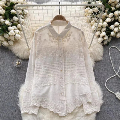 Μπλούζες με ακανόνιστο κέντημα με κολάρο, Vintage Γαλλικές κομψές μπλούζες Mujer μονόπλευρα κομψά γυναικεία ρούχα