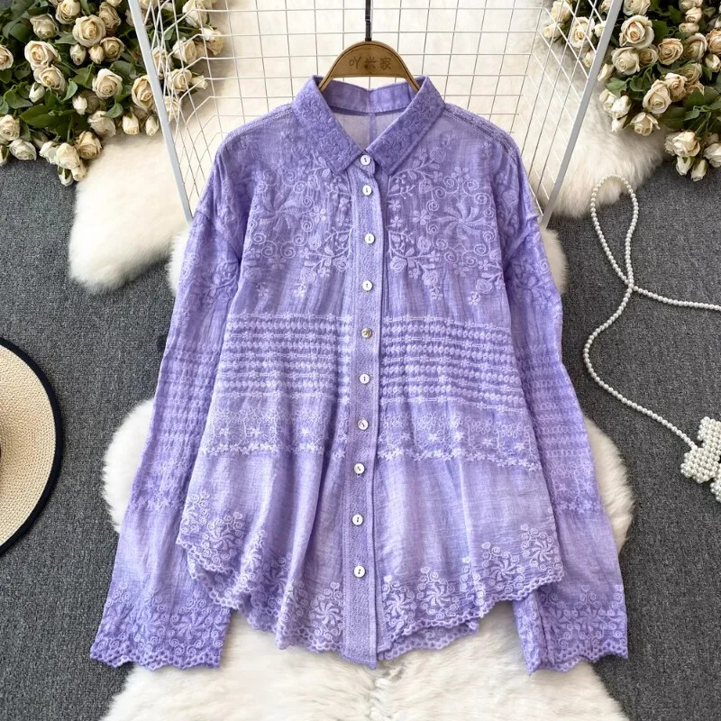 Μπλούζες με ακανόνιστο κέντημα με κολάρο, Vintage Γαλλικές κομψές μπλούζες Mujer μονόπλευρα κομψά γυναικεία ρούχα