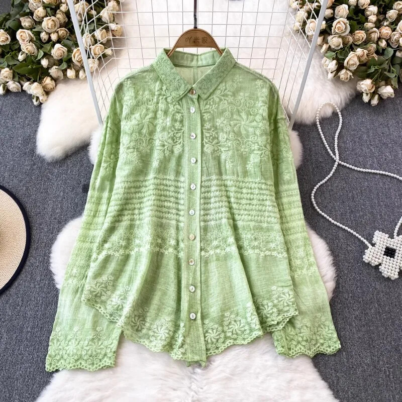 Μπλούζες με ακανόνιστο κέντημα με κολάρο, Vintage Γαλλικές κομψές μπλούζες Mujer μονόπλευρα κομψά γυναικεία ρούχα