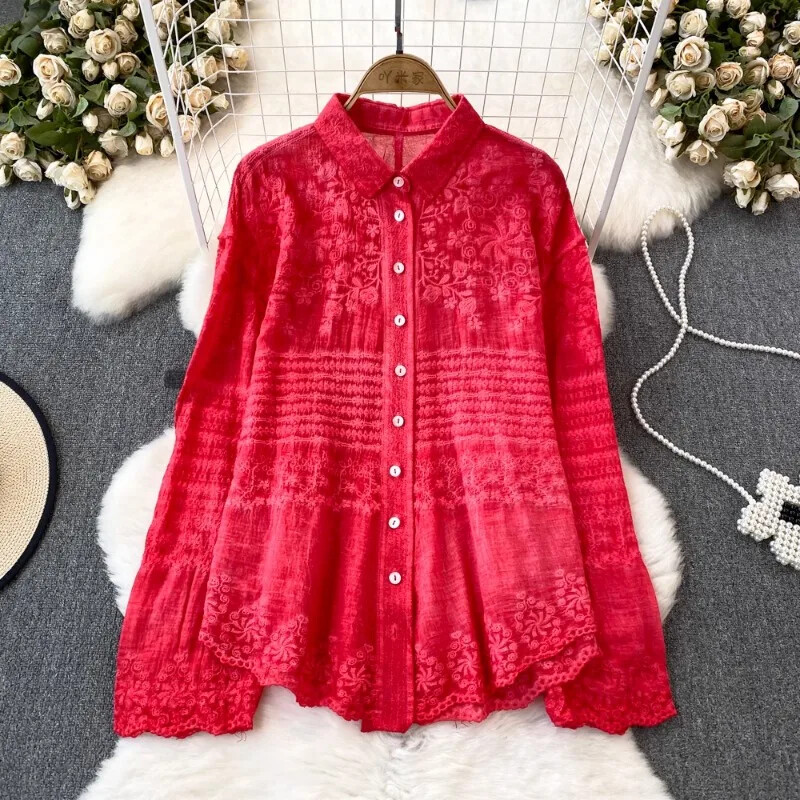 Μπλούζες με ακανόνιστο κέντημα με κολάρο, Vintage Γαλλικές κομψές μπλούζες Mujer μονόπλευρα κομψά γυναικεία ρούχα