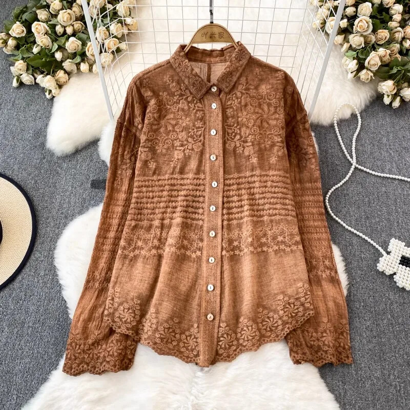 Μπλούζες με ακανόνιστο κέντημα με κολάρο, Vintage Γαλλικές κομψές μπλούζες Mujer μονόπλευρα κομψά γυναικεία ρούχα