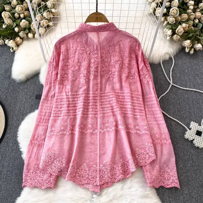 Μπλούζες με ακανόνιστο κέντημα με κολάρο, Vintage Γαλλικές κομψές μπλούζες Mujer μονόπλευρα κομψά γυναικεία ρούχα