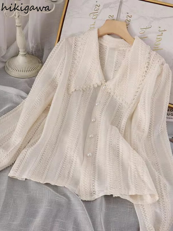 Koreai blúz Női Ruházat Gyöngyös Peter Pan gallér fehér ingek Camisas De Mujer hosszú ujjú bő vintage blúzok felsők 7o265