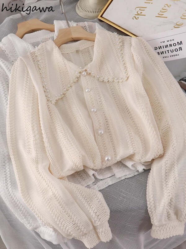Koreai blúz Női Ruházat Gyöngyös Peter Pan gallér fehér ingek Camisas De Mujer hosszú ujjú bő vintage blúzok felsők 7o265