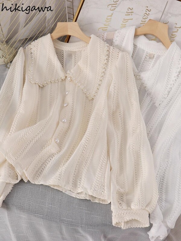Koreai blúz Női Ruházat Gyöngyös Peter Pan gallér fehér ingek Camisas De Mujer hosszú ujjú bő vintage blúzok felsők 7o265