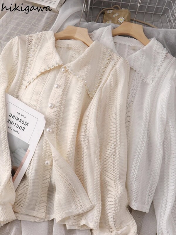 Koreai blúz Női Ruházat Gyöngyös Peter Pan gallér fehér ingek Camisas De Mujer hosszú ujjú bő vintage blúzok felsők 7o265