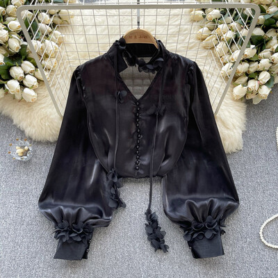 Elegáns szatén hálós szalag hosszú ujjú blúz Elegáns Vintage koreai divat Crop felső női őszi ingek gótikus ruházat