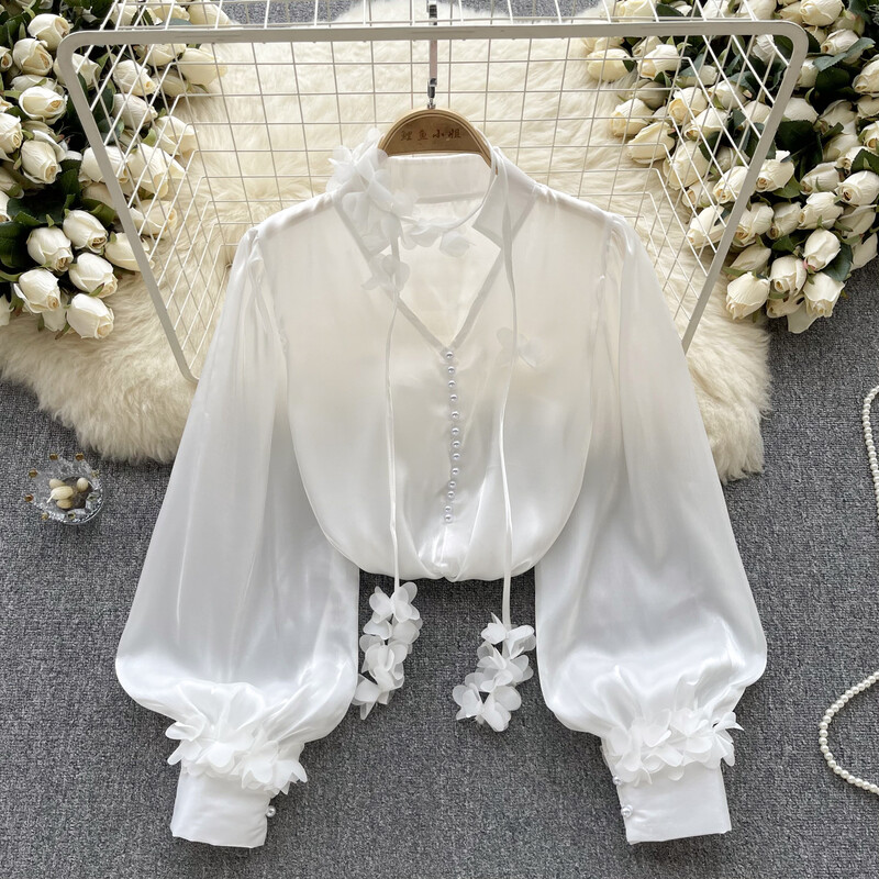 Elegáns szatén hálós szalag hosszú ujjú blúz Elegáns Vintage koreai divat Crop felső női őszi ingek gótikus ruházat