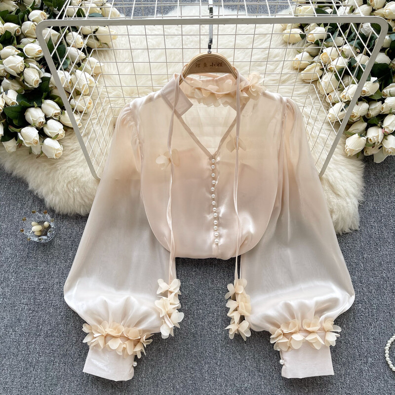 Elegáns szatén hálós szalag hosszú ujjú blúz Elegáns Vintage koreai divat Crop felső női őszi ingek gótikus ruházat