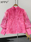 XFPV Női alkalmi Elegance Lantern Stand Nyakú, egysoros csipke ing felső Y2k koreai divat Tide tavaszi nyár 2024 SM11345