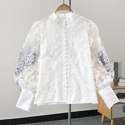 XFPV Női alkalmi Elegance Lantern Stand Nyakú, egysoros csipke ing felső Y2k koreai divat Tide tavaszi nyár 2024 SM11345