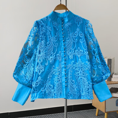 XFPV Női alkalmi Elegance Lantern Stand Nyakú, egysoros csipke ing felső Y2k koreai divat Tide tavaszi nyár 2024 SM11345