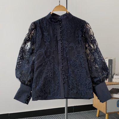 XFPV Női alkalmi Elegance Lantern Stand Nyakú, egysoros csipke ing felső Y2k koreai divat Tide tavaszi nyár 2024 SM11345