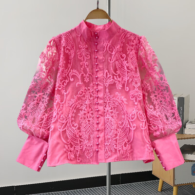 XFPV Női alkalmi Elegance Lantern Stand Nyakú, egysoros csipke ing felső Y2k koreai divat Tide tavaszi nyár 2024 SM11345