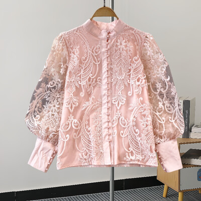 XFPV Női alkalmi Elegance Lantern Stand Nyakú, egysoros csipke ing felső Y2k koreai divat Tide tavaszi nyár 2024 SM11345