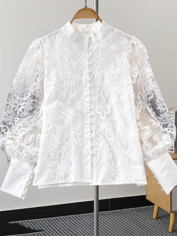 XFPV Női alkalmi Elegance Lantern Stand Nyakú, egysoros csipke ing felső Y2k koreai divat Tide tavaszi nyár 2024 SM11345