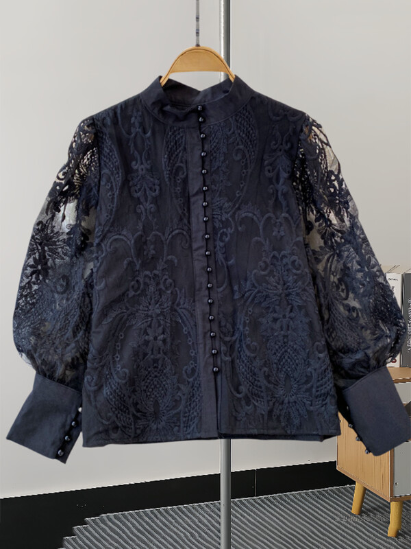 XFPV Női alkalmi Elegance Lantern Stand Nyakú, egysoros csipke ing felső Y2k koreai divat Tide tavaszi nyár 2024 SM11345