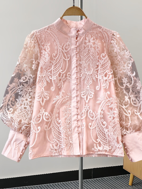 XFPV Női alkalmi Elegance Lantern Stand Nyakú, egysoros csipke ing felső Y2k koreai divat Tide tavaszi nyár 2024 SM11345