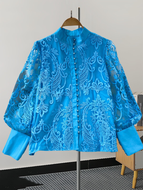 XFPV Női alkalmi Elegance Lantern Stand Nyakú, egysoros csipke ing felső Y2k koreai divat Tide tavaszi nyár 2024 SM11345