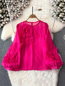 XFPV női gomba háromdimenziós korongos virágblúz O-nyakú lámpás ujjú bő temperamentum ingek 2024 tavasz nyár SM10939