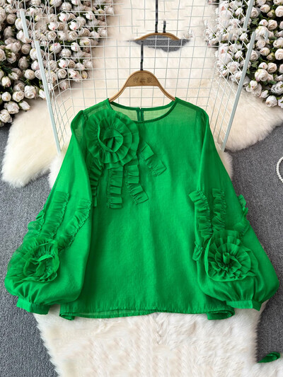 XFPV női gomba háromdimenziós korongos virágblúz O-nyakú lámpás ujjú bő temperamentum ingek 2024 tavasz nyár SM10939