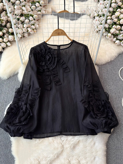 XFPV női gomba háromdimenziós korongos virágblúz O-nyakú lámpás ujjú bő temperamentum ingek 2024 tavasz nyár SM10939