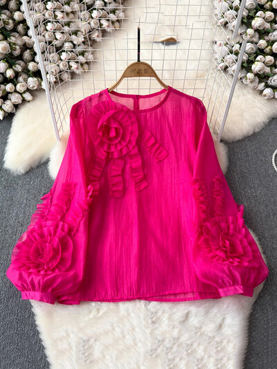 XFPV női gomba háromdimenziós korongos virágblúz O-nyakú lámpás ujjú bő temperamentum ingek 2024 tavasz nyár SM10939