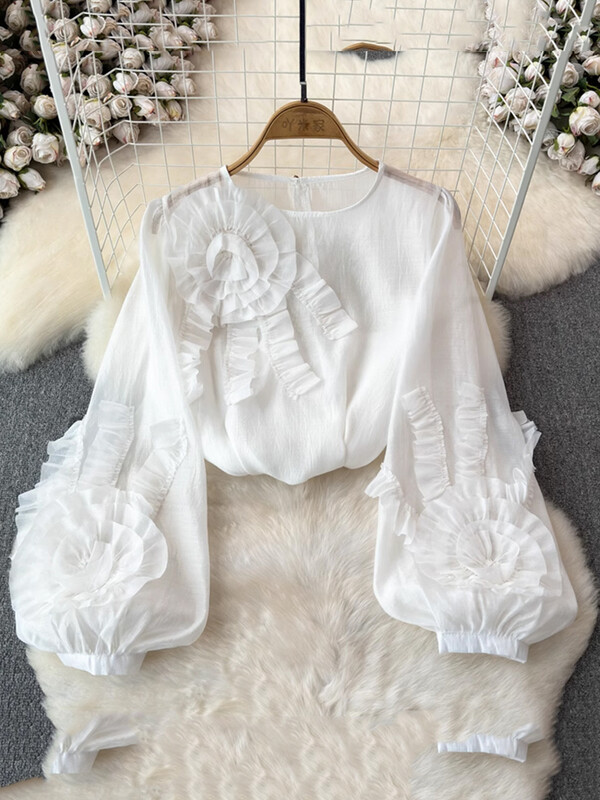 XFPV női gomba háromdimenziós korongos virágblúz O-nyakú lámpás ujjú bő temperamentum ingek 2024 tavasz nyár SM10939