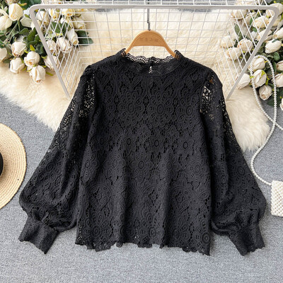 2023 új tavaszi őszi női hosszú ujjú bő blúz Kiváló minőségű vintage horog üreges virágos vegyi csipke futópálya ing