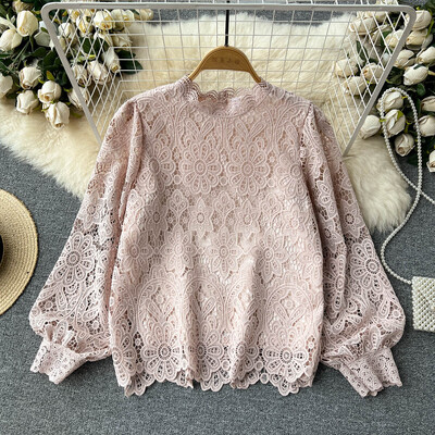 2023 új tavaszi őszi női hosszú ujjú bő blúz Kiváló minőségű vintage horog üreges virágos vegyi csipke futópálya ing
