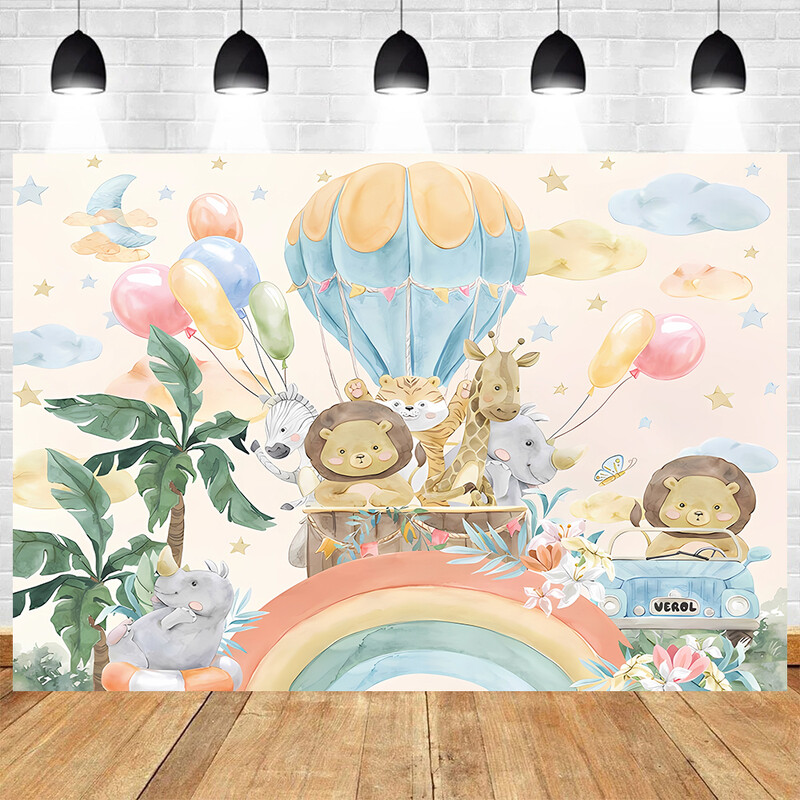 Rajzfilm Zsiráf téma Gyermek Boldog Születésnapi Party Baby Shower Fényképezés Háttér Virág Növény Háttér Családi Fényképezés