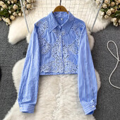 Vintage πουκάμισα για γυναίκες Μόδα γυριστό γιακά μακρύ φουσκωτό μανίκι κούφιο πέτο Μονή μπλούζα φθινοπωρινές ευέλικτες μπλούζες Dropship