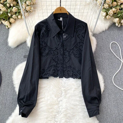 Vintage πουκάμισα για γυναίκες Μόδα γυριστό γιακά μακρύ φουσκωτό μανίκι κούφιο πέτο Μονή μπλούζα φθινοπωρινές ευέλικτες μπλούζες Dropship